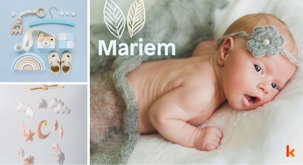 Baby name mariem - toys & booties on blue background.
