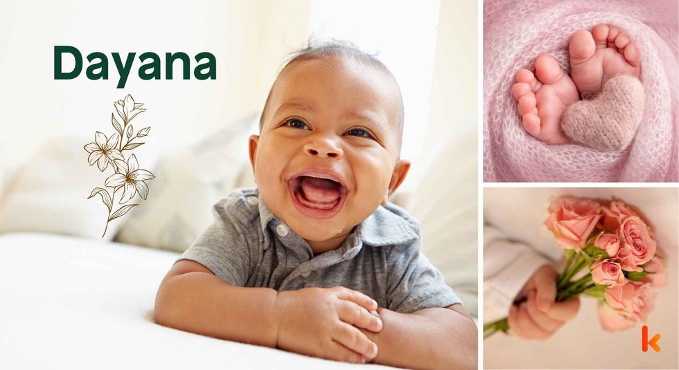 Baby name meaning Dayana - cute baby, baby feet & baby flowers.