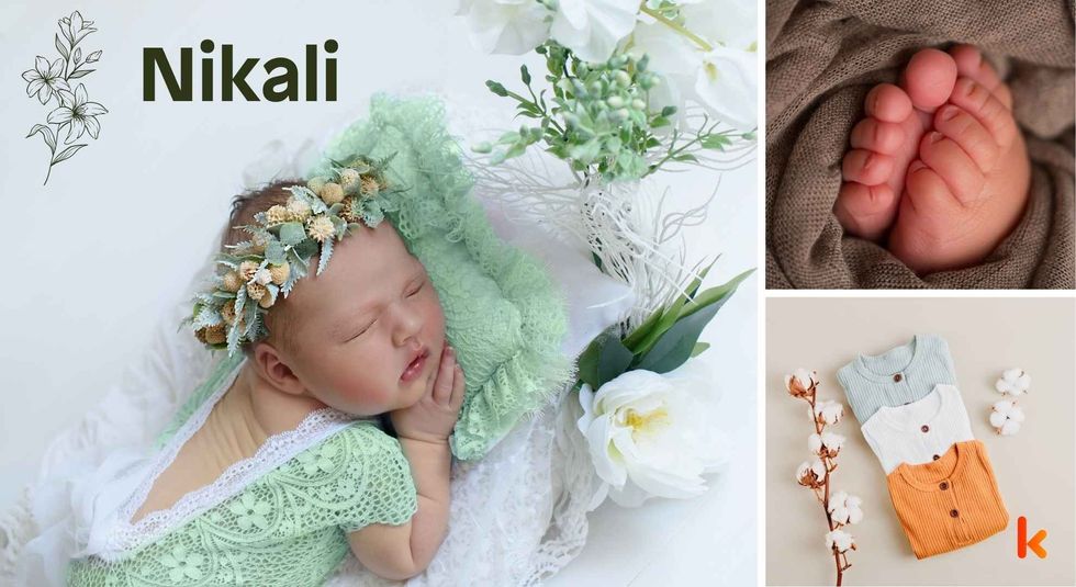 Baby name meaning Nikali - cute baby, feet & flower.