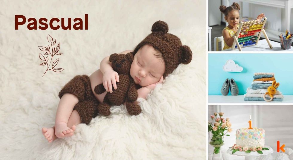 Baby name meaning Pascual - cute baby, baby color toys, baby clothes & baby cake.
