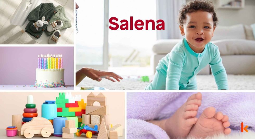 Baby name meaning Salena - cute baby, baby color toys, baby clothes, baby feet & baby cake.