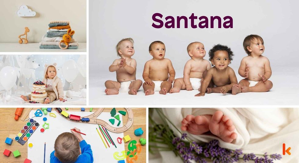 Baby name meaning Santana - cute baby, baby color toys, baby clothes, baby feet & baby cake.