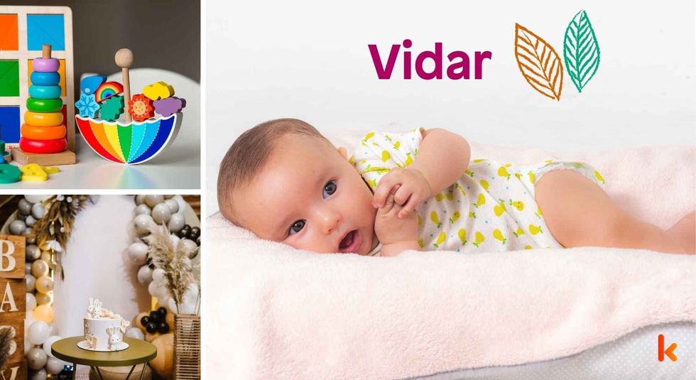 Baby name meaning Vidar - cute baby, cake & color toys.