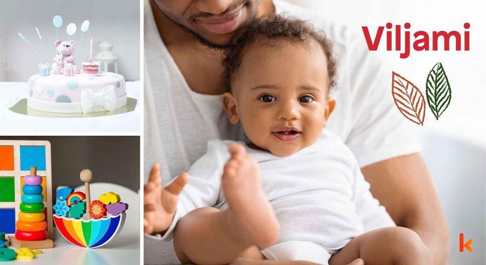 Baby name meaning Viljami - cute baby, cake & color toys.