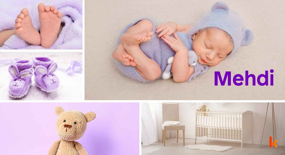 Baby Name Mehdi - cute baby, baby-feet, shoes, cradle and toys.