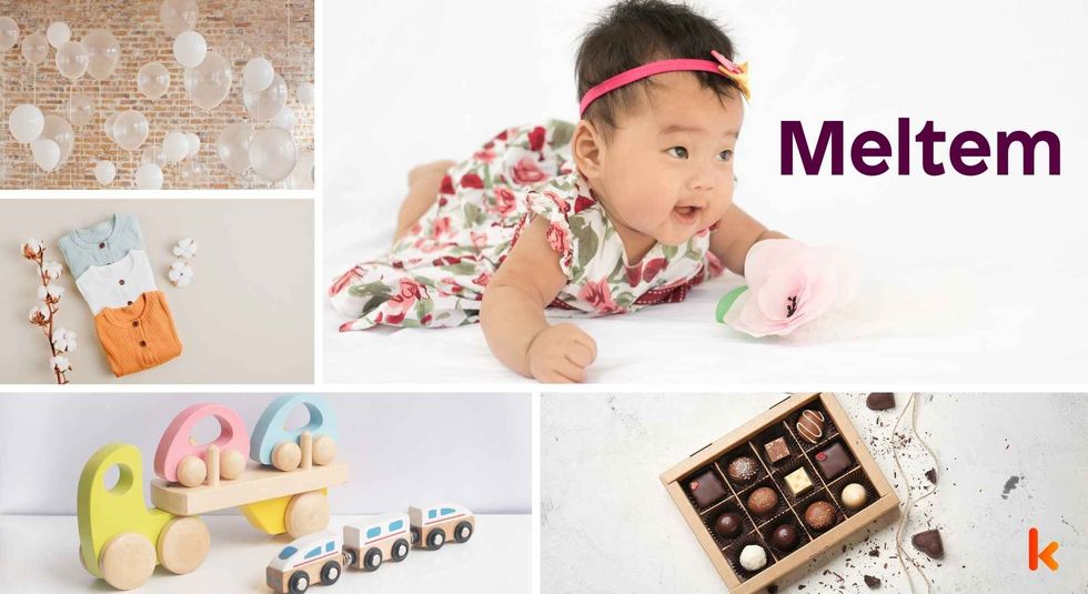 Baby name Meltem - Cute baby, wooden toys, chocolates, balloons & flower.