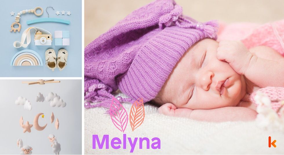 Baby name melyna - toys & booties on blue background