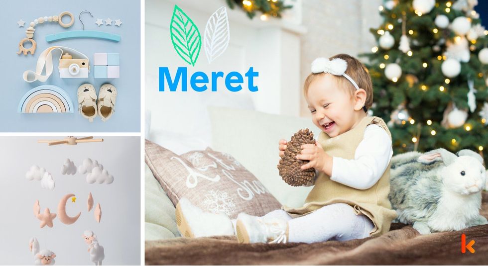 Baby name meret - toys & booties on blue background