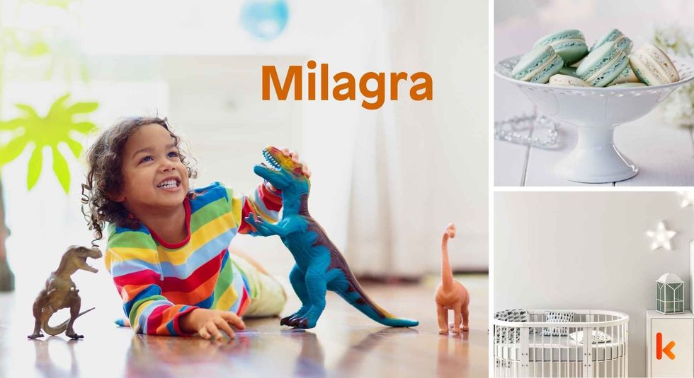Baby name Milagra - cute baby, crib and macarons