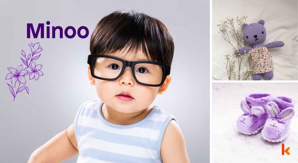 Baby Name Minoo - cute baby, flowers, shoes and toys.