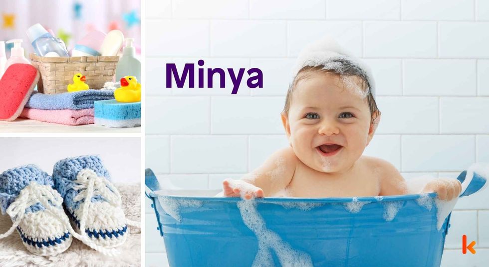 Baby Name Minya - cute baby, shoes, pacifier and toys.