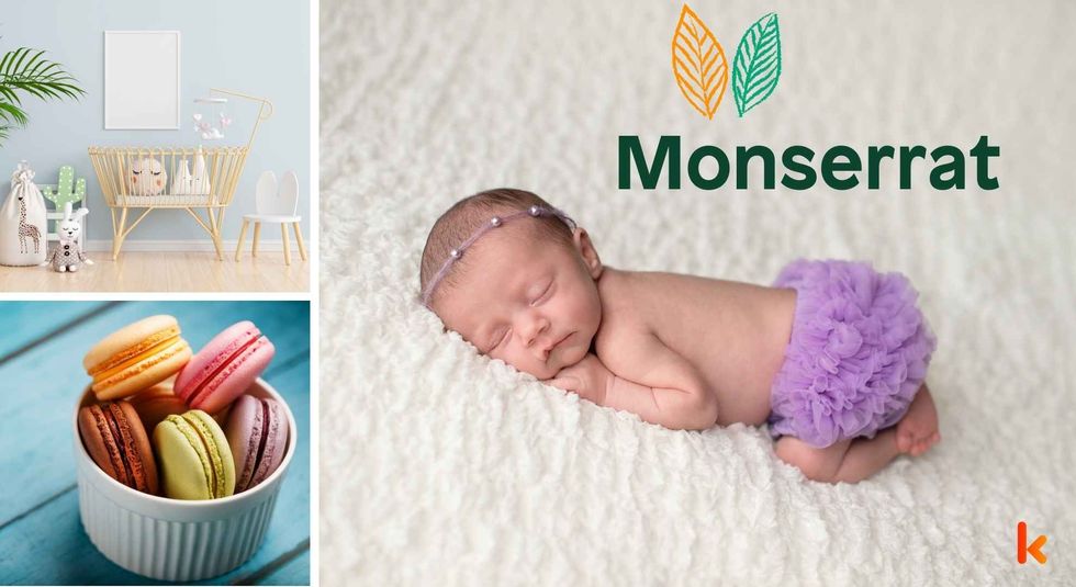Baby name Monserrat - Cute baby, macarons, tiara & cradle.