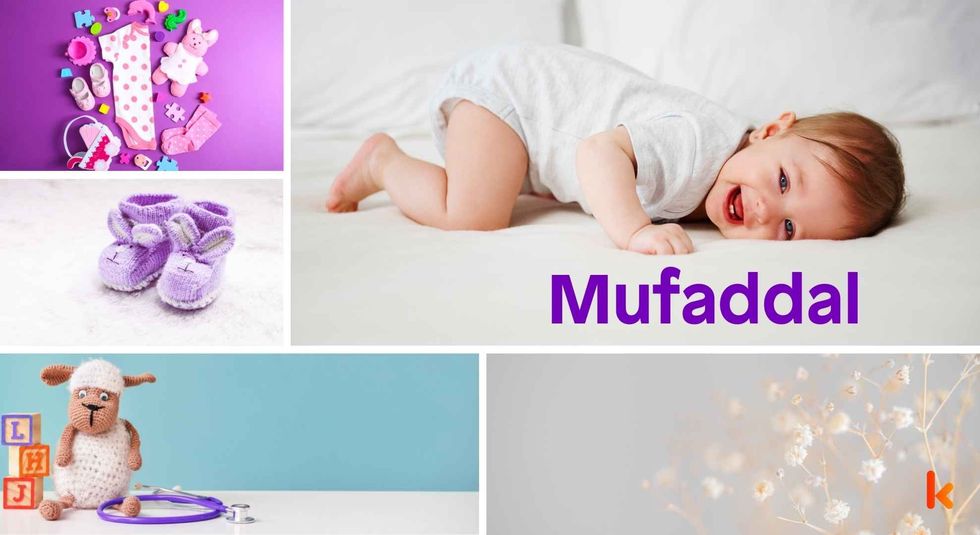 Baby Name Mufaddal - cute baby, flowers, dress, shoes and toy