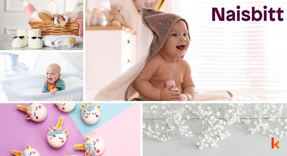 Baby name Naisbitt - cute baby, booties, crib, cookies & flowers