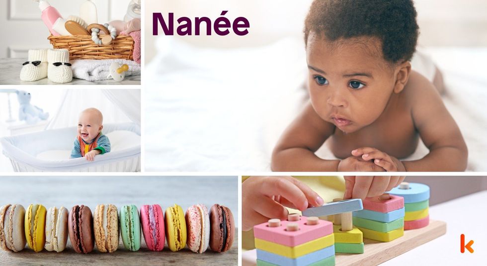 Baby name Nanée - cute baby, booties, baby crib, macarons & toys