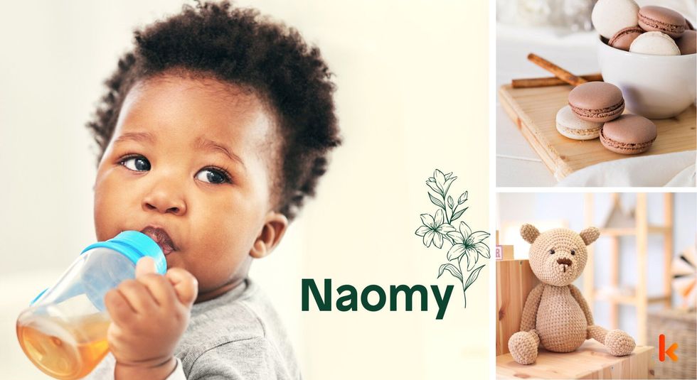 Baby name Naomy - cute baby, macarons & toys