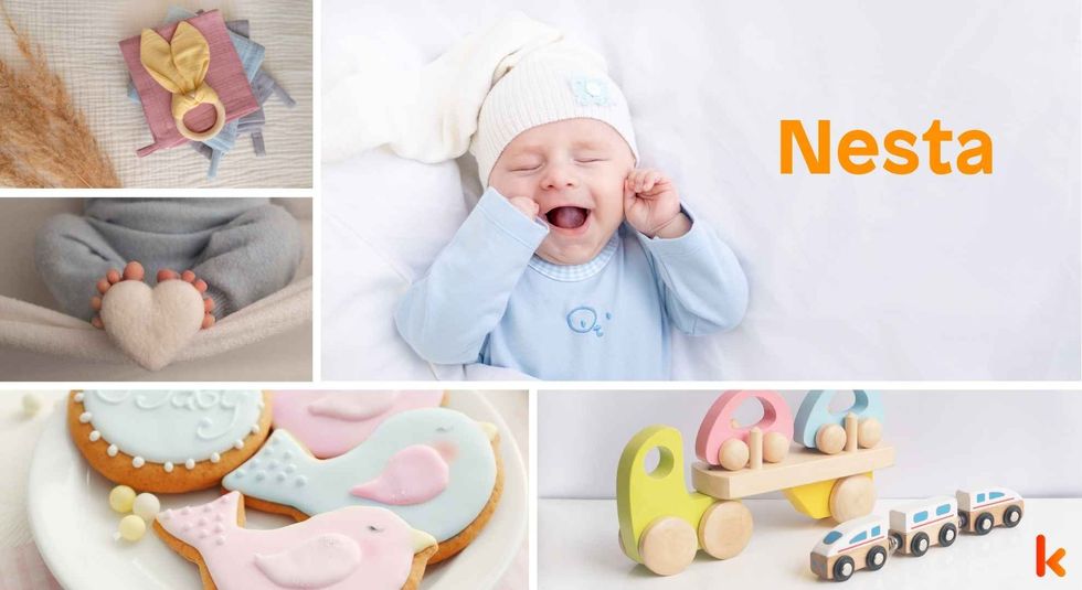 Baby name Nesta - baby, toy train, cookies, clothes, feet