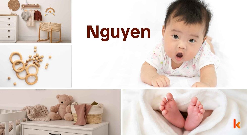 Baby name Nguyen - Cute baby, feet, room, teethers, cradle.
