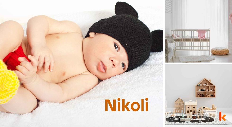 Baby name Nikoli - cute baby, crib and toys