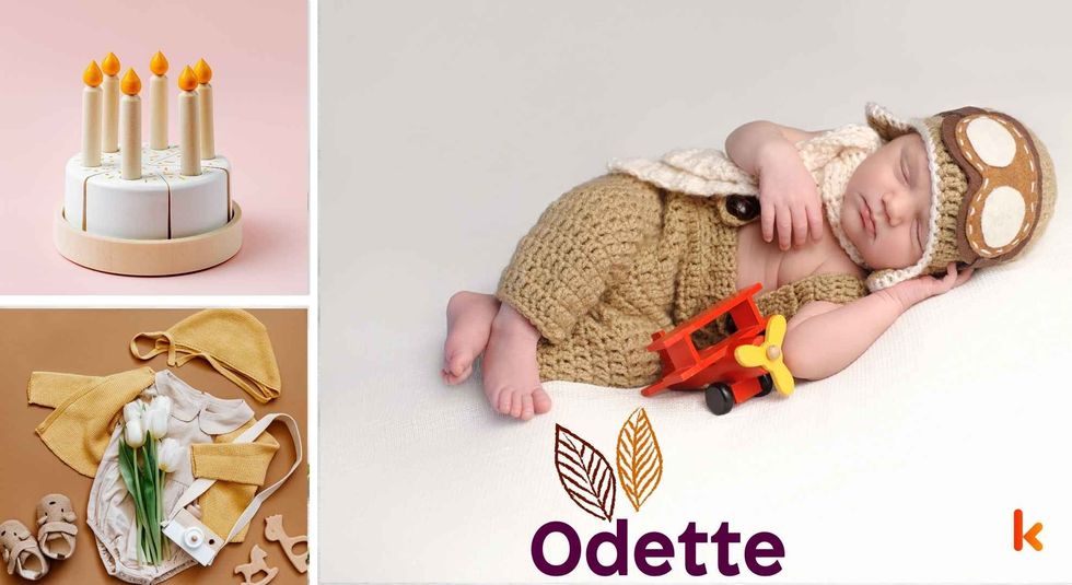 Baby name Odete - Cute baby, cake, candles, basket, clothes