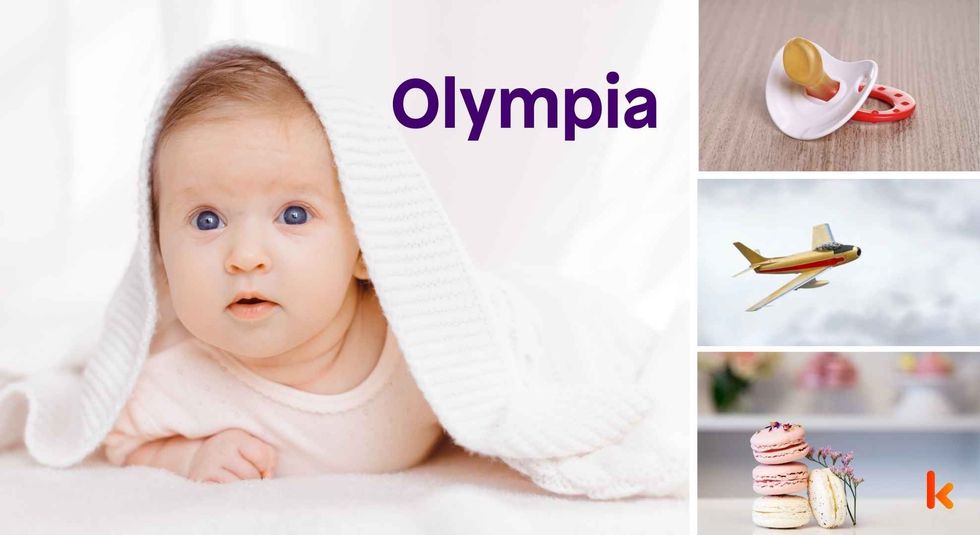 Baby name Olympia - cute baby, pacifier, toys and macarons