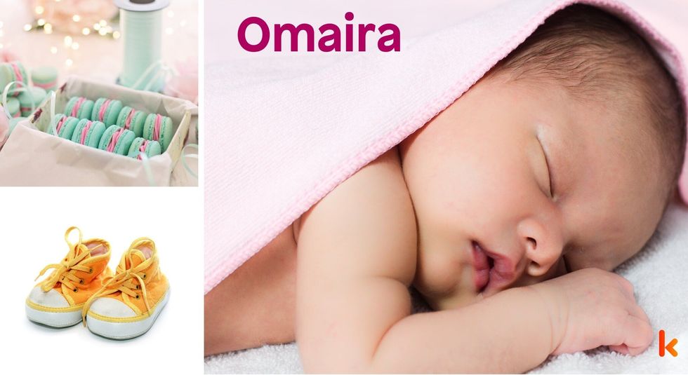 Baby name Omaira - cute baby, macarons, boots