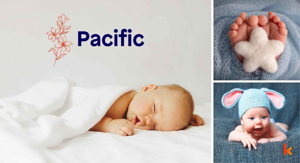 Baby name Pacific - cute baby, baby color toys , baby feet & baby flowers.