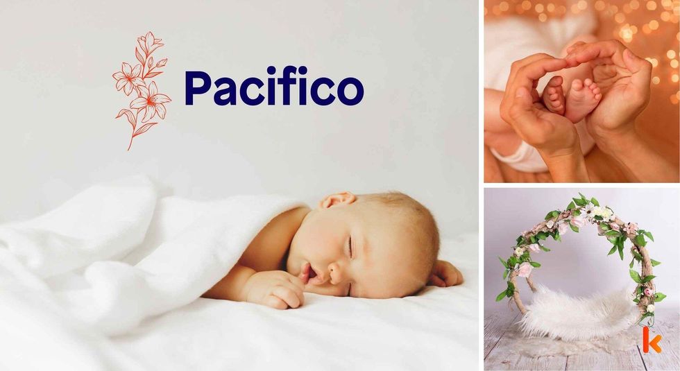 Baby name Pacifico - cute baby, baby color toys , baby feet & baby flowers.