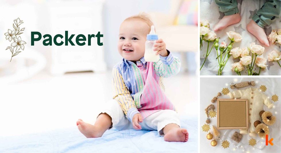 Baby name Packert - cute baby, baby color toys , baby feet & baby flowers.