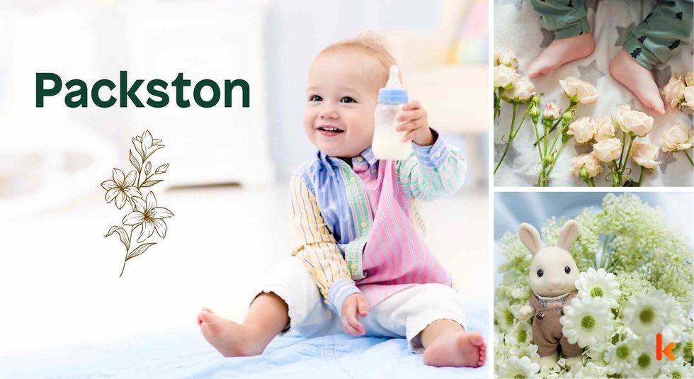 Baby name Packston - cute baby, baby color toys , baby feet & baby flowers.
