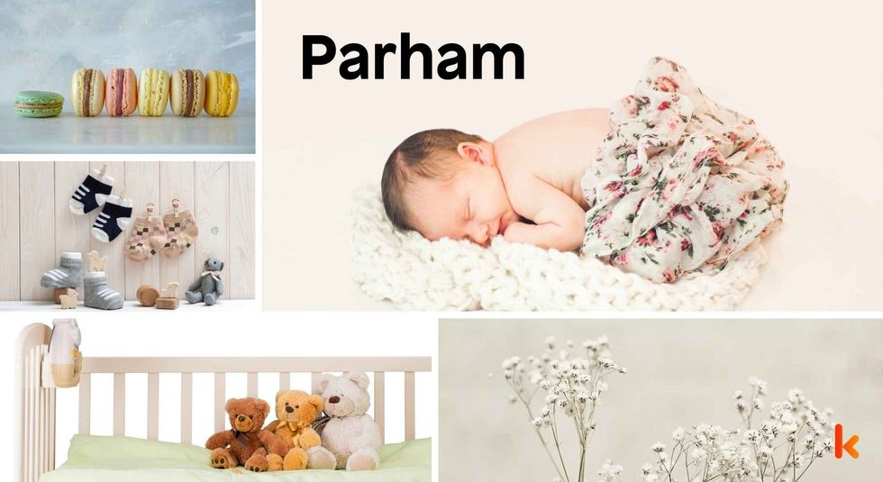 Baby Name Parham - cute baby, flowers, shoes, macarons and toys.
