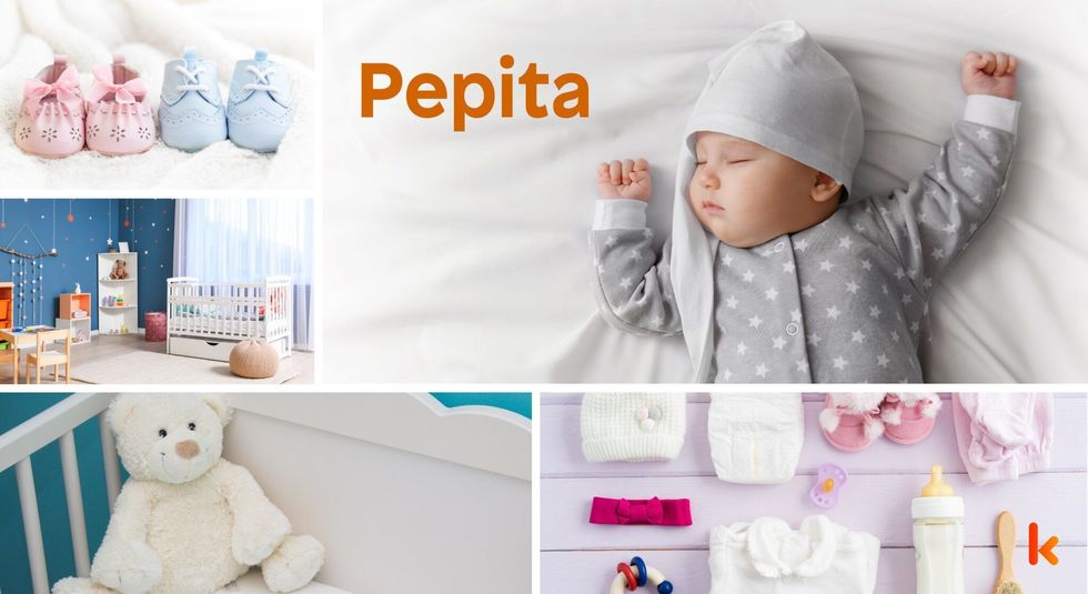 Baby name Pepita - cute baby, flowers, shoes and toys.