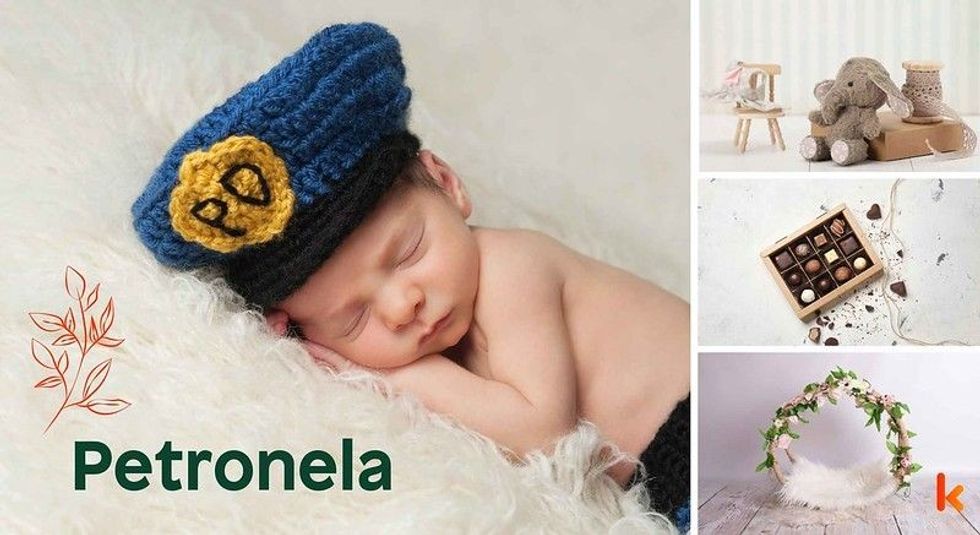 Baby name petronela - cute baby, chocolates, crochet toy