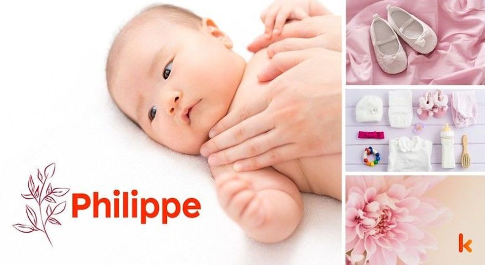 Baby name Philippe - cute baby, flowers, shoes and toys.