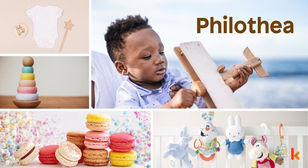 Baby name philothea - cute baby, macarons, toys, clothes, teether