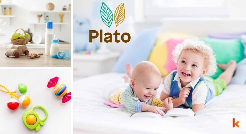 Baby name Plato - cute baby, wooden toys, milk bottle & teethers.