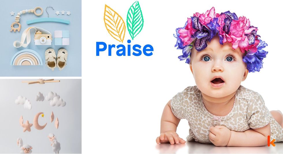 Baby name praise - toys & booties on blue background.