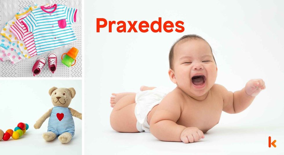 Baby Name Praxedes - cute baby, flowers, dress, shoes and toys.