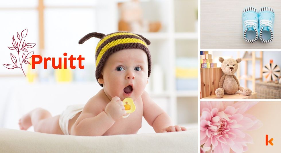 Baby name Pruitt - cute baby, flowers, shoes and toys.