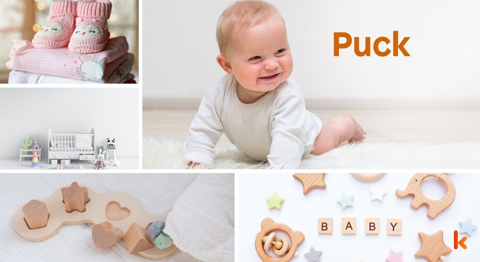 Baby name Puck - cute baby, flowers, shoes and toys.