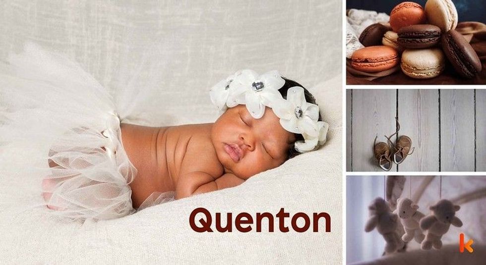 Baby Name Quenton - cute baby, flowers, shoes, macarons and toys.