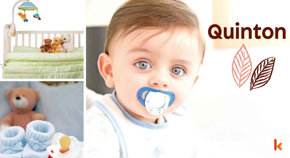Baby Name Quinton - cute baby, shoes, pacifier and toys.