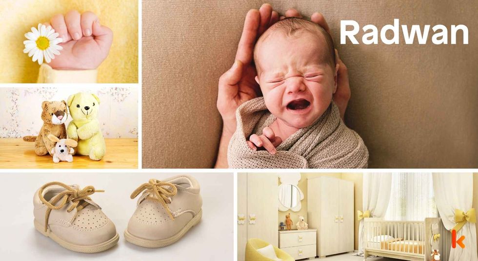 Baby Name Radwan - cute baby, shoes, cradle and toys.