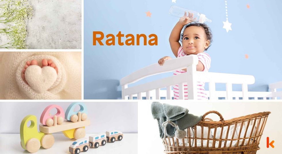 Baby name Ratana - Cute baby, knitted, heart, cradle stars, toys & flowers.