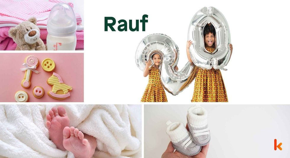 Baby name Rauf - happy kids, bottle, cookies, feet & booties