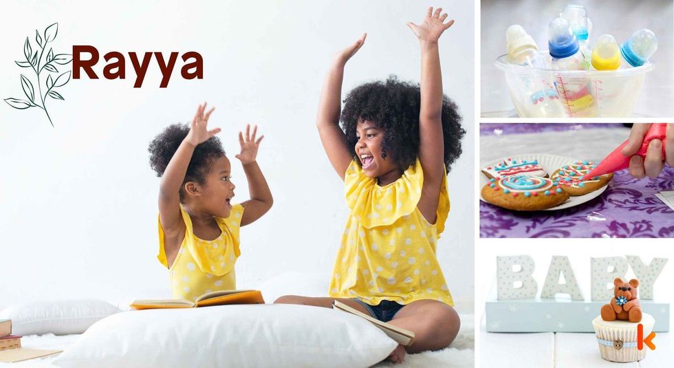 Baby name Rayya - happy kids, baby bottle, cookies & cupcake