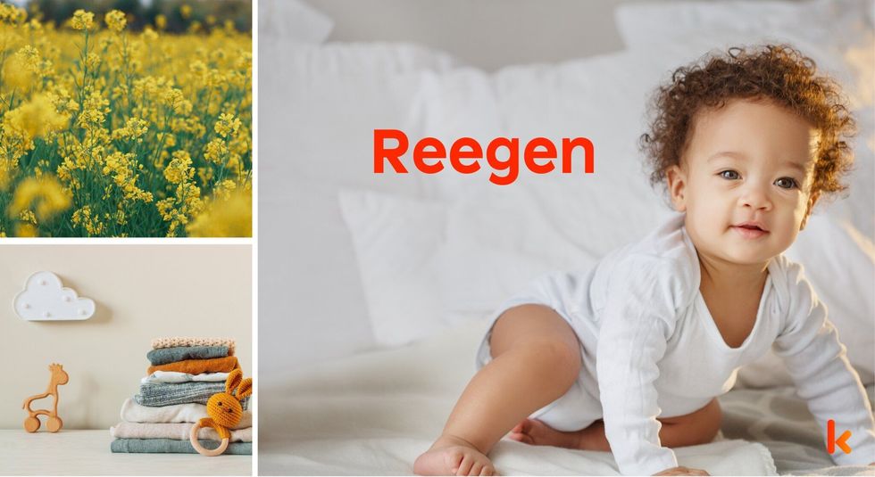 Baby name Reegen - cute baby, clothes, flowers 