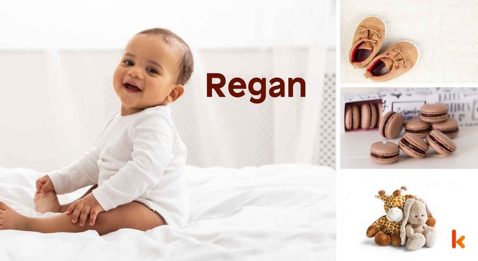 Baby Name Regan - cute baby, shoes, macarons and toys.