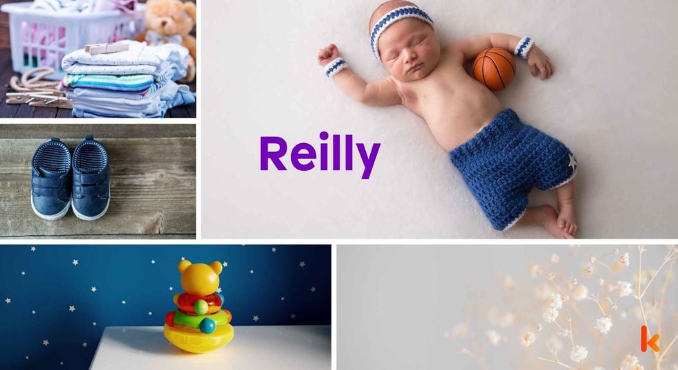 Baby Name Reilly - cute baby, flowers, dress, shoes and toys.