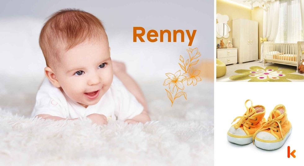 Baby Name Rennie - cute baby, flowers, shoes, cradle and toys.